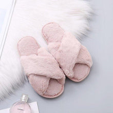 Load image into Gallery viewer, Women Fashion Warm Fluffy Slippers Cozy Faux Fur Cross Indoor Floor Slides Flat Soft Furry Flip Flops Cross Band Soft Plush Cozy House Shoes Furry Open Toe Indoor Outdoor Slip On Warm Breathable Anti-Skid Sole
