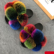 Load image into Gallery viewer, Women Fox Fur Slides Home Beautiful Flat Sandals Female Cute Fluffy House Woman Fur Fluffy Slippers Furry Slides Summer Sandals Open Toe Indoor Outdoor Comfortable Slides Sandals
