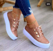 Load image into Gallery viewer, Women Gold Sneakers White Round Head Platform Causal  Sports Cute Pink Fashion Flats Exclusive Women's Cult Fashionable High Platform Calf White Sneaker Lace Up Stylish Casual Walking Sneakers
