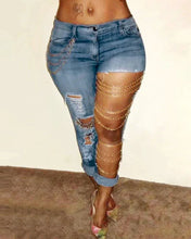 Load image into Gallery viewer, Women Jeans Pencil Pants Denim Sexy Big Holes Chain Washing Slim Pockets Streetwear Spring 2024 Slight Strech Solid Color
