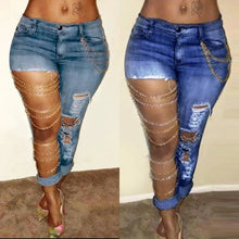 Load image into Gallery viewer, Women Jeans Pencil Pants Denim Sexy Big Holes Chain Washing Slim Pockets Streetwear Spring 2024 Slight Strech Solid Color
