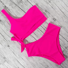 Load image into Gallery viewer, Women Leopard Print Swimsuit Women's Bikini One Shoulder Top High Waist Bottom Two Piece Swimsuits Women Push Up Bikini Set One Shoulder Beachwear Summer Leopard Bathing Suit High Waist Swimwear For Women
