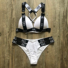 Load image into Gallery viewer, Women Luxury Black White Swimwear Women's Swimming Suit Push Up Bikini  Lace Up Bikinis Women Swimsuit Women's Bathing Suits Push Up Halter Bandage Bikini Letter Printing Mini Summer Bikini Set
