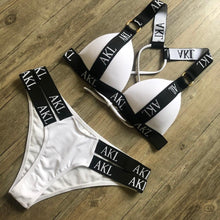 Load image into Gallery viewer, Women Luxury Black White Swimwear Women's Swimming Suit Push Up Bikini  Lace Up Bikinis Women Swimsuit Women's Bathing Suits Push Up Halter Bandage Bikini Letter Printing Mini Summer Bikini Set
