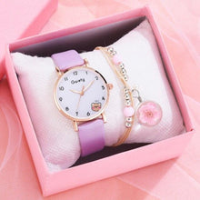 Load image into Gallery viewer, Women New Color Bear Fashion Student Quartz Watch Bracelet Combination Set Kids Girl Wrist Watch Bracelet Leather Rhinestone Luxury Design Simple Dress Women's Watches
