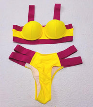 Load image into Gallery viewer, Women Push Up Bikini Women Neon Bandage Swimwear Women Patchwork Bikini Swimsuit 2 Piece  Cutout Molded Push Up Bathing Suit Ruffle Hook Closure Bikini Set Two Piece Bathing Suit
