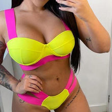 Load image into Gallery viewer, Women Push Up Bikini Women Neon Bandage Swimwear Women Patchwork Bikini Swimsuit 2 Piece  Cutout Molded Push Up Bathing Suit Ruffle Hook Closure Bikini Set Two Piece Bathing Suit
