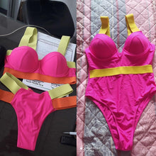 Load image into Gallery viewer, Women Push Up Bikini Women Neon Bandage Swimwear Women Patchwork Bikini Swimsuit 2 Piece  Cutout Molded Push Up Bathing Suit Ruffle Hook Closure Bikini Set Two Piece Bathing Suit
