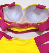 Load image into Gallery viewer, Women Push Up Bikini Women Neon Bandage Swimwear Women Patchwork Bikini Swimsuit 2 Piece  Cutout Molded Push Up Bathing Suit Ruffle Hook Closure Bikini Set Two Piece Bathing Suit
