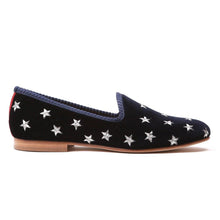 Load image into Gallery viewer, Women's Navy Velvet Gold &amp; Silver Star Slipper
