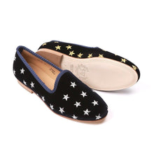 Load image into Gallery viewer, Women's Navy Velvet Gold &amp; Silver Star Slipper
