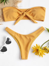 Load image into Gallery viewer, Women's Strapless Bowknot Split Bikini Swimsuit Swimming Suit For Women Women's Tie Knot Front Solid Color Bikini Set Swimsuit Bathing Suits High Cut Bikini Set Strapless Solid Color 2 Pieces Bathing Suit
