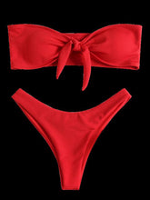 Load image into Gallery viewer, Women's Strapless Bowknot Split Bikini Swimsuit Swimming Suit For Women Women's Tie Knot Front Solid Color Bikini Set Swimsuit Bathing Suits High Cut Bikini Set Strapless Solid Color 2 Pieces Bathing Suit
