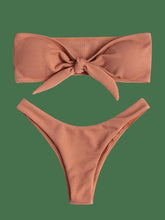 Load image into Gallery viewer, Women's Strapless Bowknot Split Bikini Swimsuit Swimming Suit For Women Women's Tie Knot Front Solid Color Bikini Set Swimsuit Bathing Suits High Cut Bikini Set Strapless Solid Color 2 Pieces Bathing Suit
