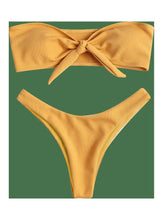Load image into Gallery viewer, Women's Strapless Bowknot Split Bikini Swimsuit Swimming Suit For Women Women's Tie Knot Front Solid Color Bikini Set Swimsuit Bathing Suits High Cut Bikini Set Strapless Solid Color 2 Pieces Bathing Suit
