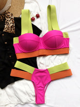 Load image into Gallery viewer, Women's Swimsuits Swimwear Patchwork Bikini Woman Push up Bikinis Swimsuit Bathing Suits Women Rave Neon Patchwork Bikini Swimsuit 2 Piece Cutout Molded Push Up Bathing Suit
