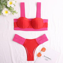 Load image into Gallery viewer, Women's Swimsuits Swimwear Patchwork Bikini Woman Push up Bikinis Swimsuit Bathing Suits Women Rave Neon Patchwork Bikini Swimsuit 2 Piece Cutout Molded Push Up Bathing Suit
