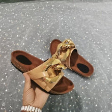 Load image into Gallery viewer, Women Slippers Metal Chain Leather Flat Slippers Women Fashion Casual Shoes Runway Half Women Flat Slide Sandals Slip On Open Toe Sandals Casual Style Slippers

