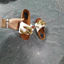 Load image into Gallery viewer, Women Slippers Metal Chain Leather Flat Slippers Women Fashion Casual Shoes Runway Half Women Flat Slide Sandals Slip On Open Toe Sandals Casual Style Slippers
