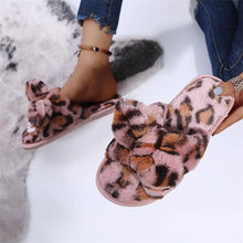 Load image into Gallery viewer, Women Slippers Winter Shoes Home Slippers Faux Fur Slippers Leopard Print Bow Decoration Shoes Faux Fur Slippers Warm Flip Flop House Slippers Open Toe Home Slippers For Girls
