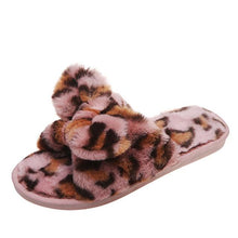 Load image into Gallery viewer, Women Slippers Winter Shoes Home Slippers Faux Fur Slippers Leopard Print Bow Decoration Shoes Faux Fur Slippers Warm Flip Flop House Slippers Open Toe Home Slippers For Girls
