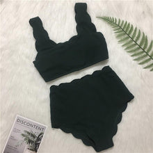Load image into Gallery viewer, Women Solid Swimwear Female Bathing Suit Scalloped High Waist Bikini Set Two Pieces Women's Solid Color Lace-up High Waist Scoop Collar Padded Bathing Suit
