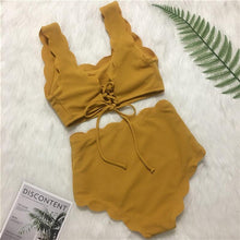 Load image into Gallery viewer, Women Solid Swimwear Female Bathing Suit Scalloped High Waist Bikini Set Two Pieces Women's Solid Color Lace-up High Waist Scoop Collar Padded Bathing Suit
