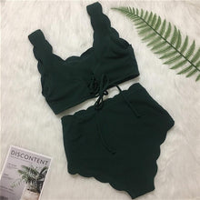 Load image into Gallery viewer, Women Solid Swimwear Female Bathing Suit Scalloped High Waist Bikini Set Two Pieces Women's Solid Color Lace-up High Waist Scoop Collar Padded Bathing Suit
