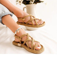 Load image into Gallery viewer, Women Summer Straw Rope Mesh Sandals Cross Tied Flat Sea Beach Casual Light Multi Elegant Design Flip Flop Trend Fashion High Quality Handmade Natural Comfortable Walking Sandals With Arch Support For Women
