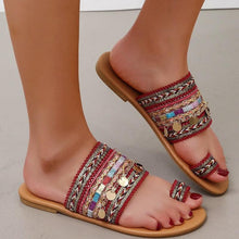 Load image into Gallery viewer, Women Summer Style Beautiful Flat Slippers Casual Comfortable Beach Women Sandals Strappy Flat Open Toe Ring Sandals Wide Comfortable Leather Shiny Sandals
