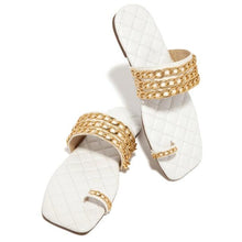 Load image into Gallery viewer, Women Summer Weave Slides Chain Decorative Flip Flops Outdoor Casual Sandals Square Heel Slippers Metal Chain Elastic Slingback Cute Flat Dressy Casual Summer Beach Sandals
