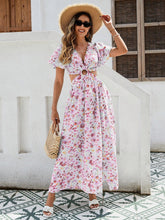 Load image into Gallery viewer, Floral Elegance Maxi Dress - Ruffle Sleeves, Cutout Waist &amp; High Slit, Perfect for Vacations in Breathable Rayon
