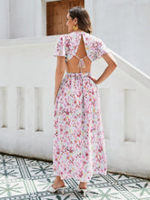 Load image into Gallery viewer, Floral Elegance Maxi Dress - Ruffle Sleeves, Cutout Waist &amp; High Slit, Perfect for Vacations in Breathable Rayon
