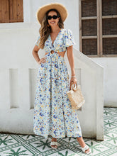 Load image into Gallery viewer, Women's Floral Print Maxi Dress - Elegant Vacation Dress With Ruffle Sleeves, Cutout Waist, And High Slit, Breathable Rayon Fabric
