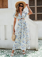 Load image into Gallery viewer, Women's Floral Print Maxi Dress - Elegant Vacation Dress With Ruffle Sleeves, Cutout Waist, And High Slit, Breathable Rayon Fabric
