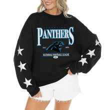 Load image into Gallery viewer, Women&#39;s Carolina Panthers Gameday Couture Black Rhinestone Star Sleeve Settle the Score Oversized Tri-Blend Pullover
