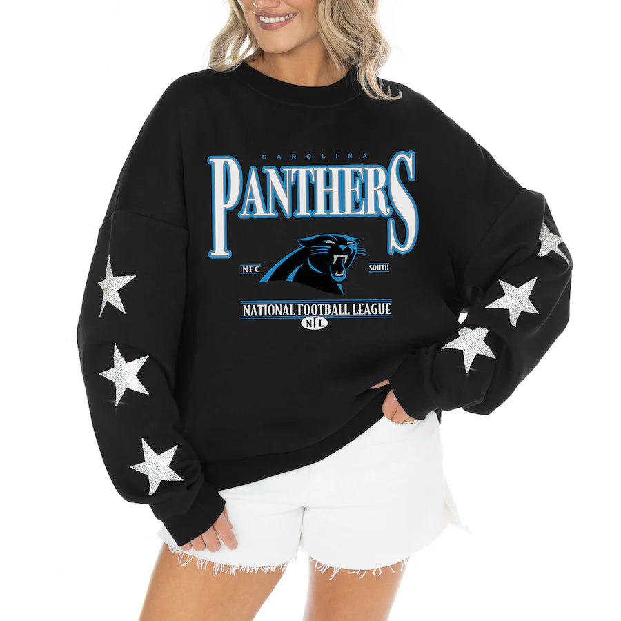 Women's Carolina Panthers Gameday Couture Black Rhinestone Star Sleeve Settle the Score Oversized Tri-Blend Pullover