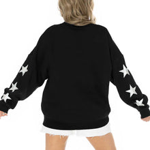 Load image into Gallery viewer, Women&#39;s Carolina Panthers Gameday Couture Black Rhinestone Star Sleeve Settle the Score Oversized Tri-Blend Pullover
