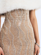 Load image into Gallery viewer, Averie White Fur Off-Shoulder Beige Sequin Mini Dress
