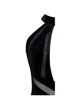 Load image into Gallery viewer, Paityn Black Velvet Mesh Cutout Halter Gown

