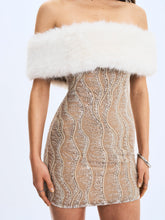 Load image into Gallery viewer, Averie White Fur Off-Shoulder Beige Sequin Mini Dress
