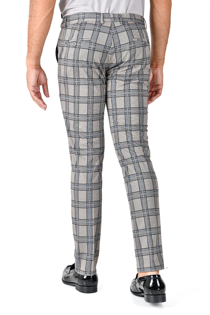 Barabas CP130 DON'T MESS WITH ME Light Grey and Blue Checkered Slim Fit Dress Pant