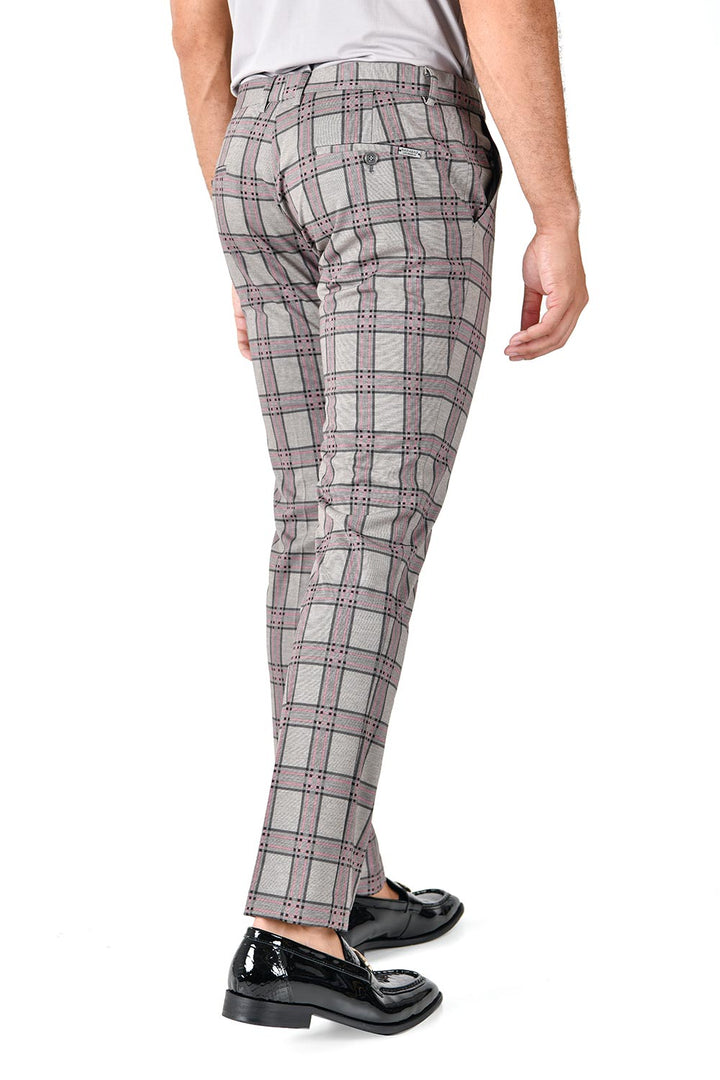 Barabas CP130 DON'T MESS WITH ME Light Grey and Pink Checkered Slim Fit Dress Pant