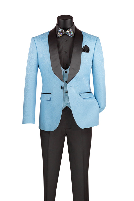 Vinci TVSJ-1 Light Blue Jacquard Fabric 3-Piece Slim Fit Tuxedo Suit