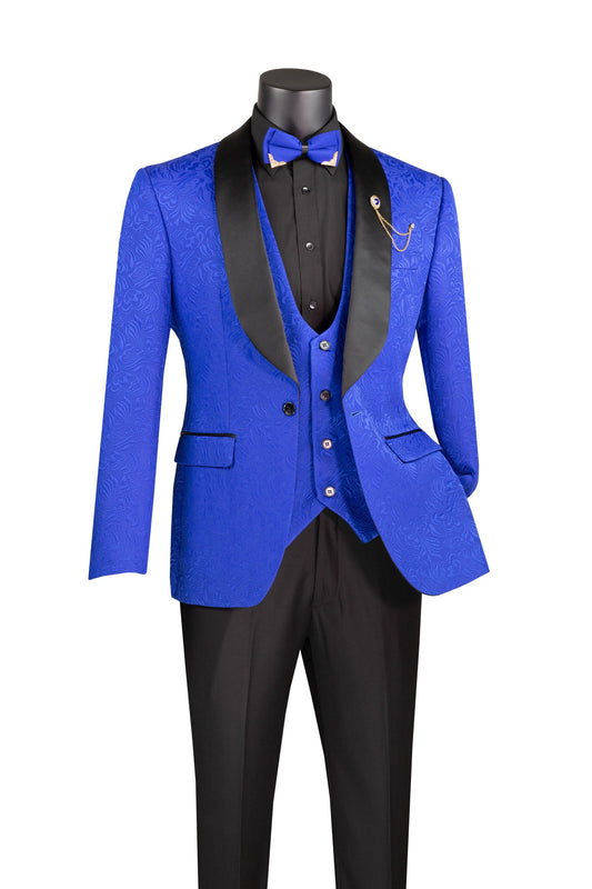 Vinci TVSJ-1 Royal Blue Jacquard Fabric 3-Piece Slim Fit Tuxedo Suit