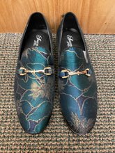 Load image into Gallery viewer, Successos Green/Gold Floral Print Men&#39;s Smoking Slip-on Red Bottom Dress Shoes
