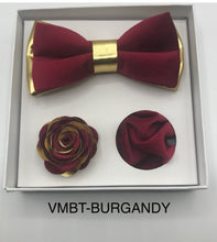 Load image into Gallery viewer, Velvet Bow Tie, Lapel Flower, and Handkerchief
