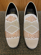 Load image into Gallery viewer, After Midnite Exclusive Ozzy White/Gold Spike Men’s Smoking Slip-on Red Bottom Men’s Dress/Prom Shoes
