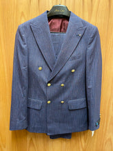 Load image into Gallery viewer, Moda Color Purple Multi Stripe Slim Fit European Double Breasted Suit with Gold Buttons
