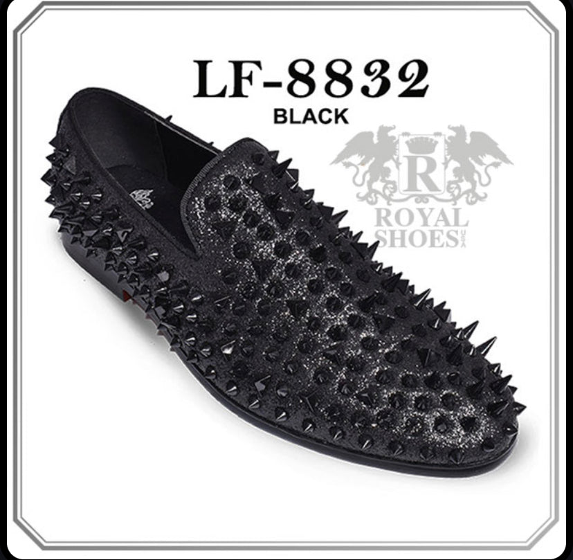 Royal Shoes Black Spikes Smoking Slip-on Red Bottom Men’s Dress Shoes LF-8832 Sizes 8-13